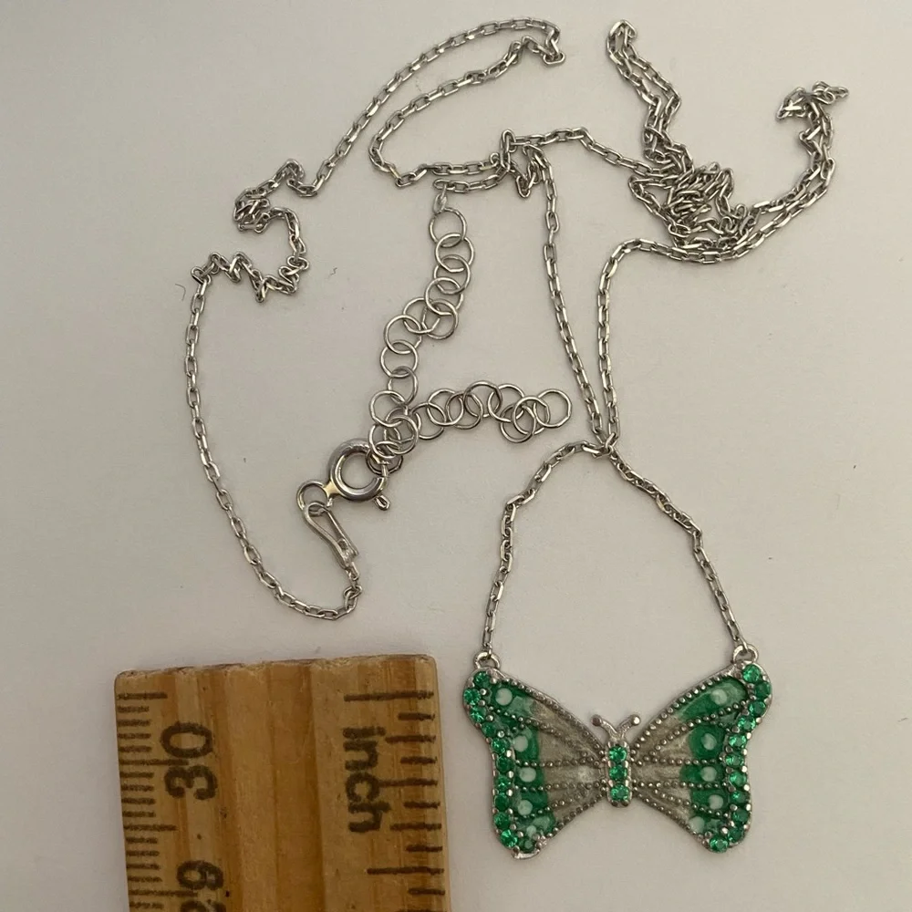 925 Silver butterfly necklace cz stones and green white handmade enamel